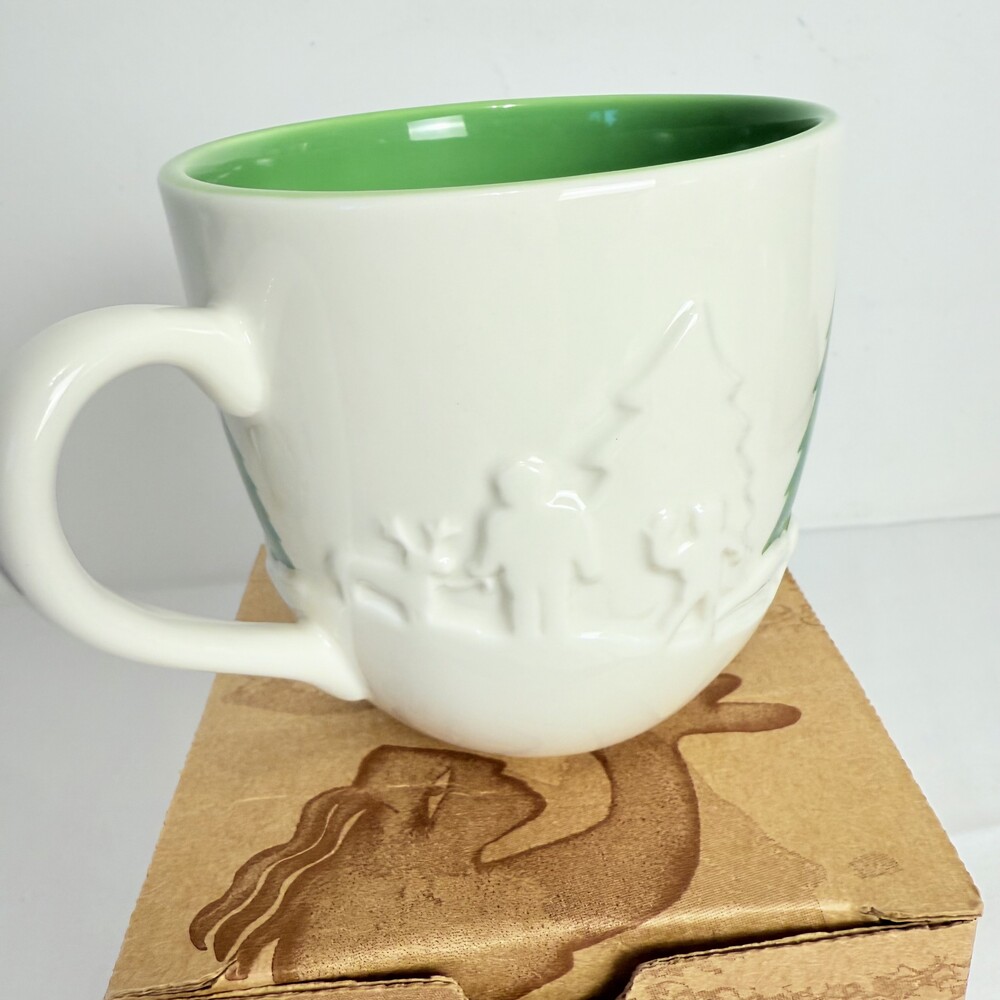 Starbucks Brown Embossed Trees Sledding Decorative Script Coffee Mug Box - Picture 5 of 12
